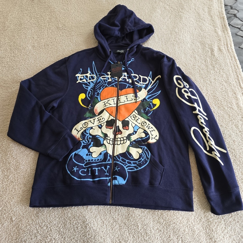 Ed Hardy Love Kills Slowly Skull Heart Full-zip Hoodie Tattoo-inspired Sz L NWT